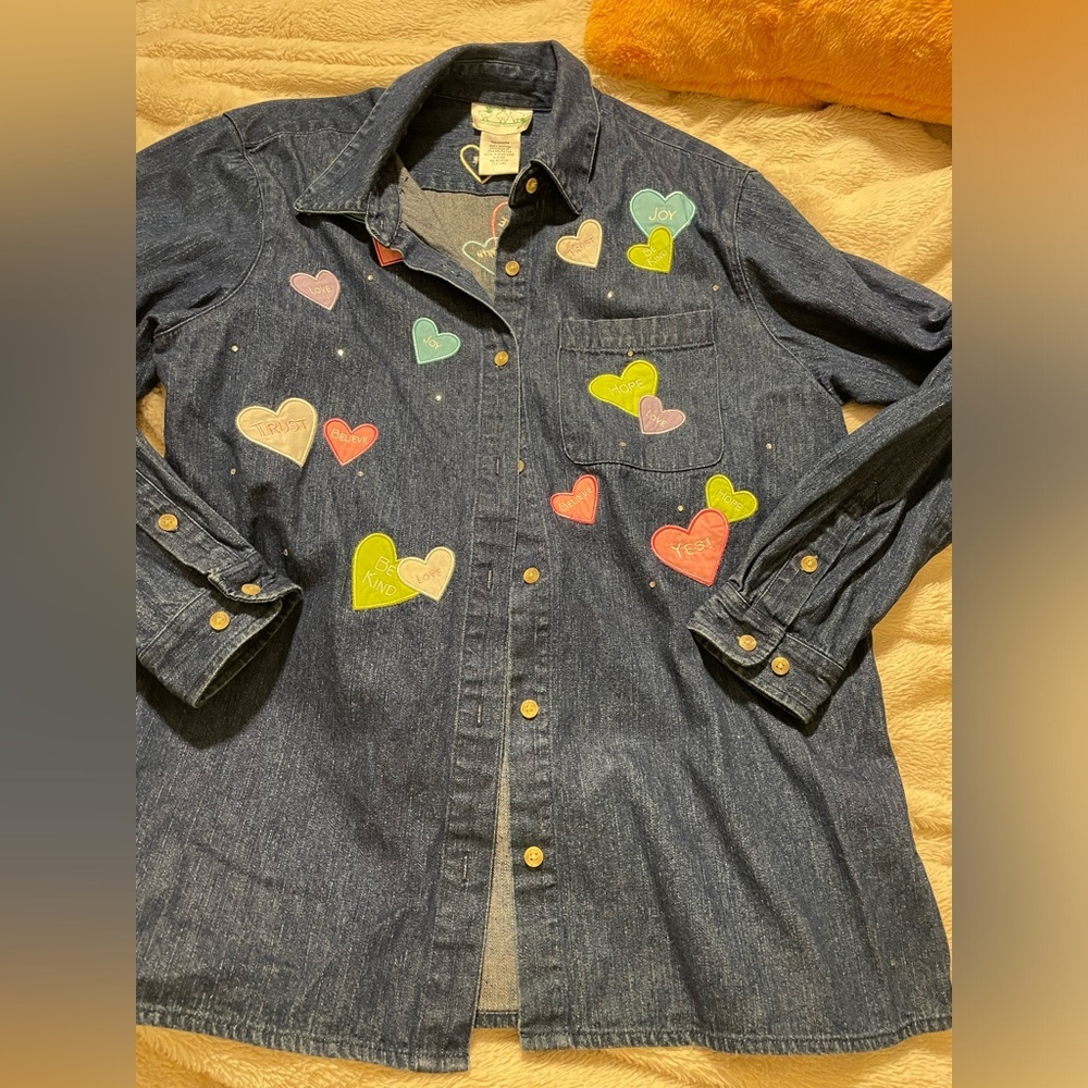 The Quacker Factory Vintage Heart Embroidered Denim Shacket